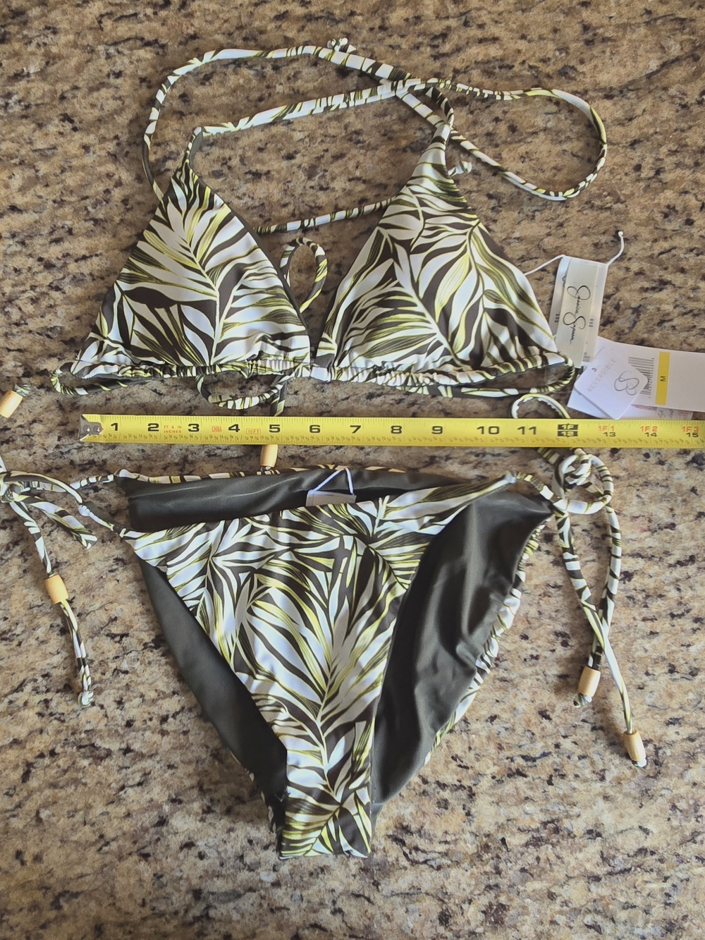 NWT Jessica Simpson Olive Green Leaf Print Triangle Bikini Reversible
